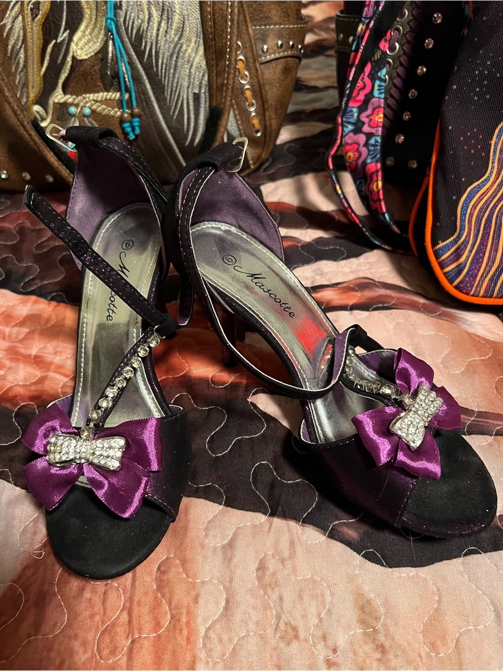 Scott Black Evening Heels with Purple Satin Bows and Rhinestones